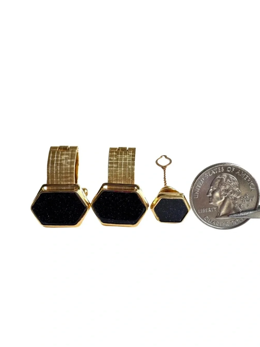 Vintage Black Goldstone Cufflinks Tie Tack Set Gold Tone Hexagon Sparkle Suit